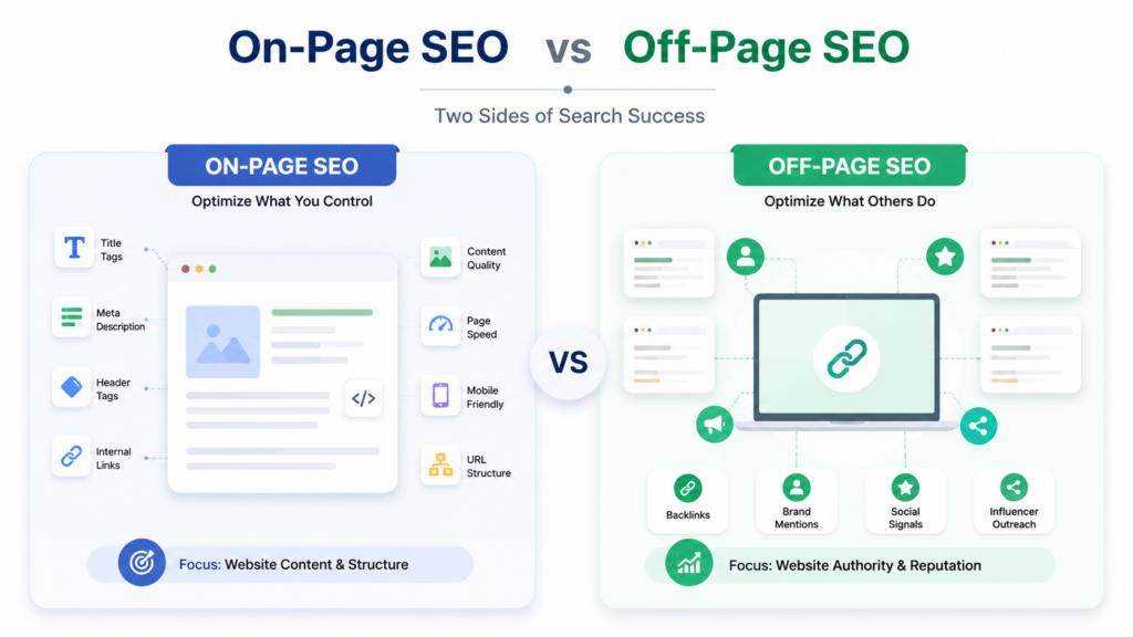 On-page SEO vs off-page SEO infographic comparing website optimization, technical SEO, content quality, backlinks, brand mentions, and authority-building strategies for better search rankings.