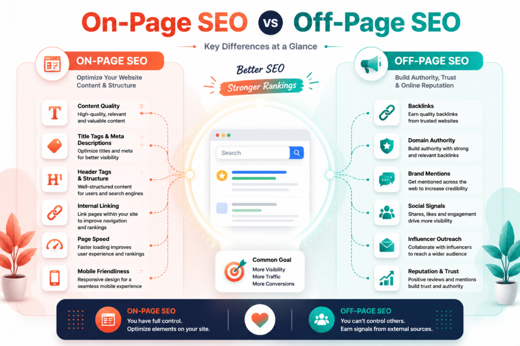 Editorial-style SEO FAQ infographic with on-page SEO, off-page SEO, backlinks, rankings, analytics dashboard, and common search engine optimization questions.