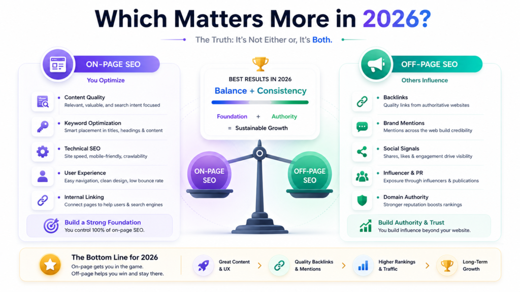 infographic comparing on-page SEO and off-page SEO in 2026, showing that the best SEO results come from balancing content optimization, technical SEO, backlinks, authority, and consistency for sustainable search growth.