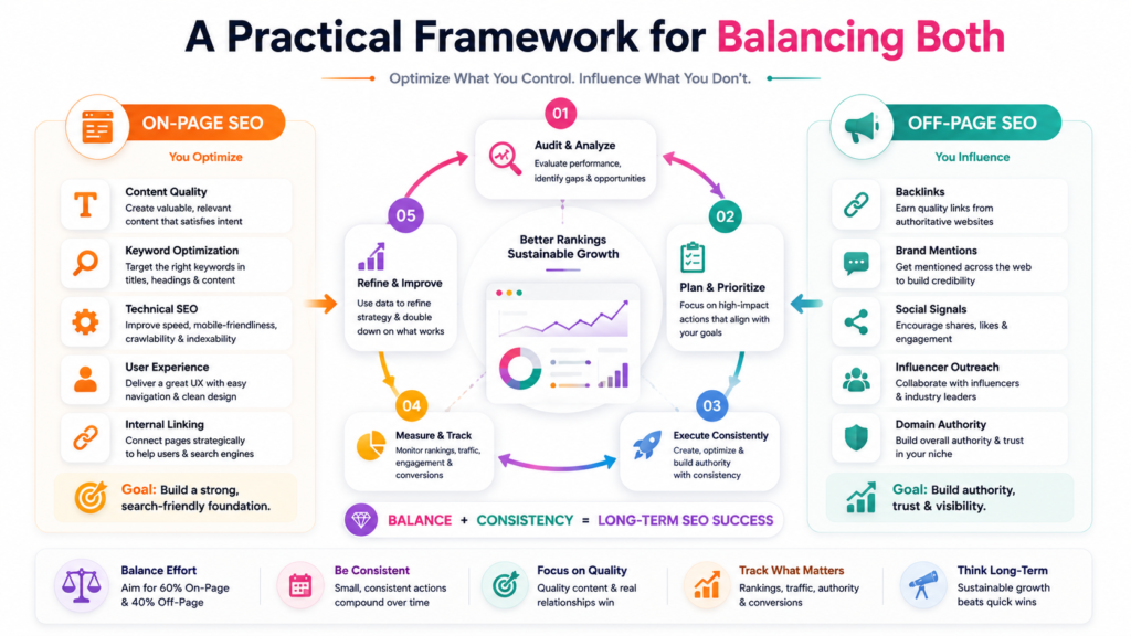 SEO framework infographic showing a practical strategy for balancing on-page and off-page SEO through auditing, planning, execution, tracking, and optimization for sustainable rankings and long-term growth.