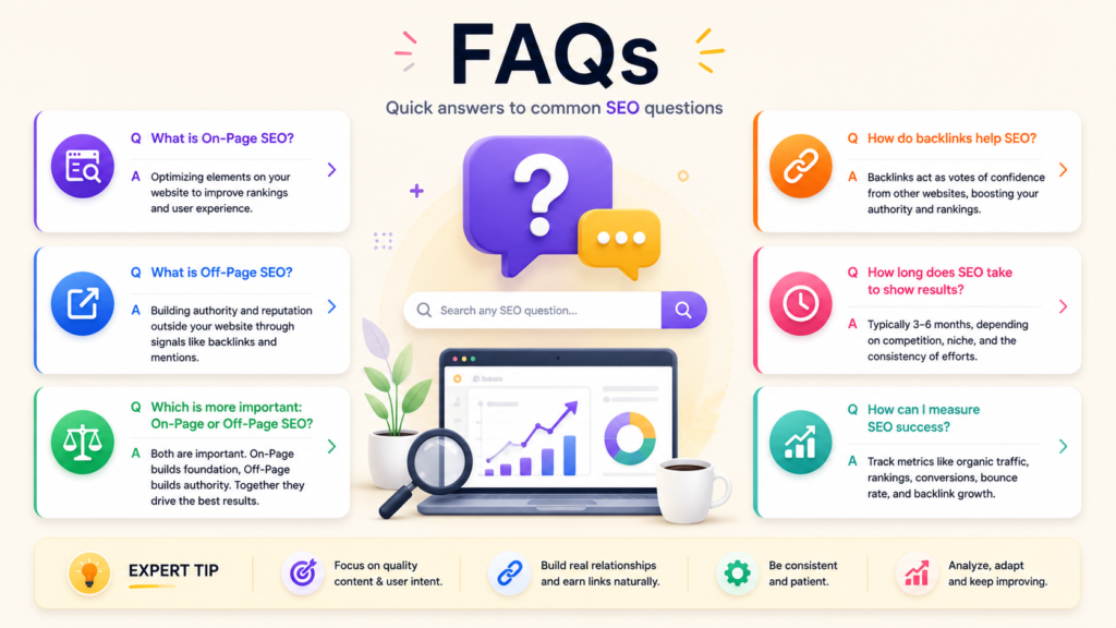 SEO FAQs infographic with quick answers about on-page SEO, off-page SEO, backlinks, SEO timelines, and performance tracking, featuring a search interface and analytics dashboard illustration.